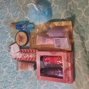 Set of various lotions and skin care items.